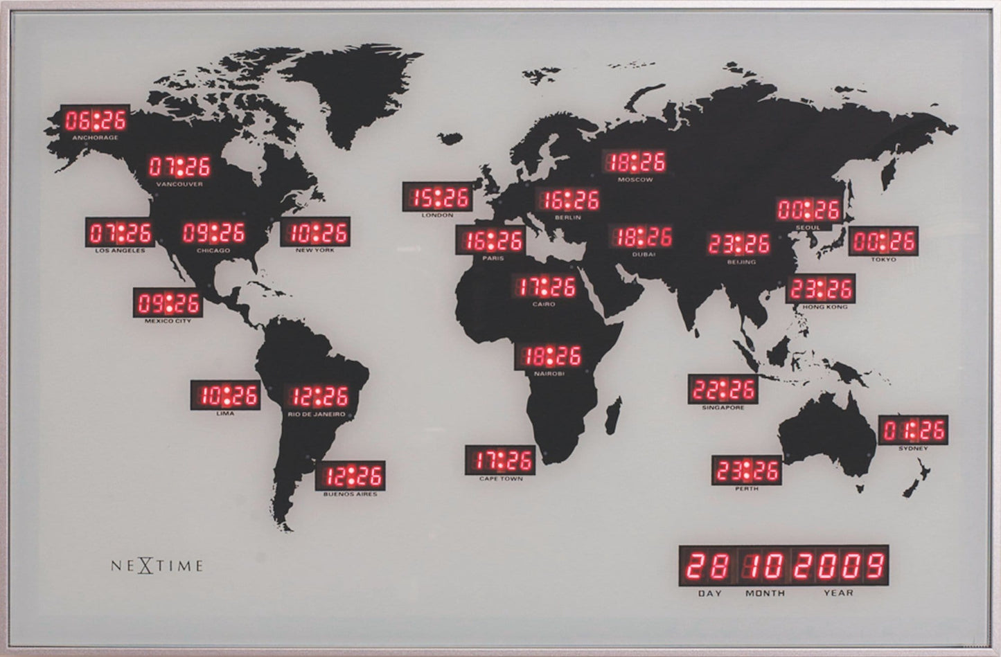 Wall clock - 55 x 36 x 4 cm - Glass - Aluminum - World time clock - 'World Time Digit' - Wevelnit