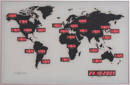 Wall clock - 55 x 36 x 4 cm - Glass - Aluminum - World time clock - 'World Time Digit' - Wevelnit