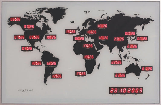 Wall clock - 55 x 36 x 4 cm - Glass - Aluminum - World time clock - 'World Time Digit' - Wevelnit