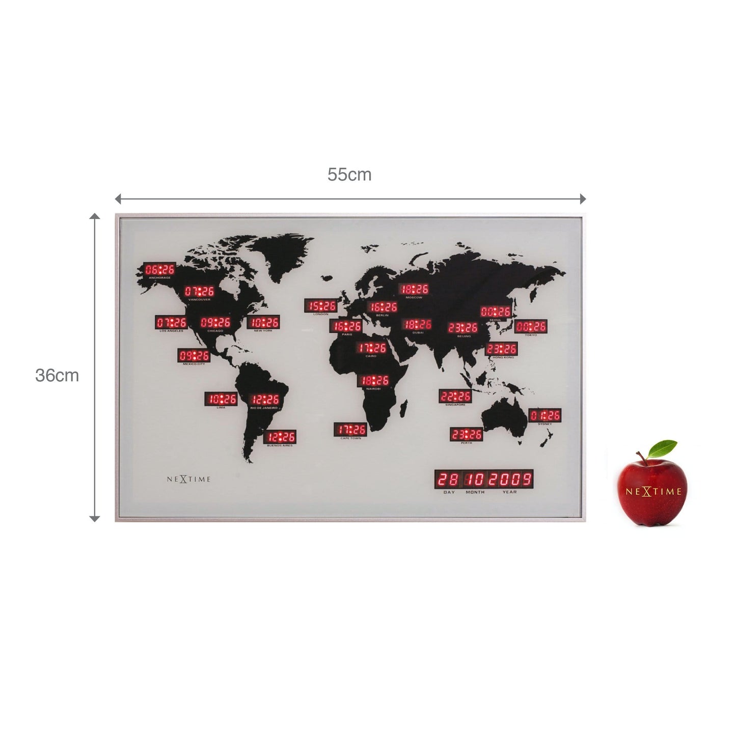 Wall clock - 55 x 36 x 4 cm - Glass - Aluminum - World time clock - 'World Time Digit' - Wevelnit
