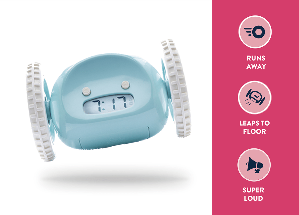 Clocky Blue - Alarm clock on wheels - wevelnit