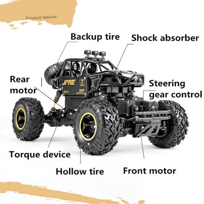Onderdelen van de rock crawler: vering, motoren, reservewiel en holle banden