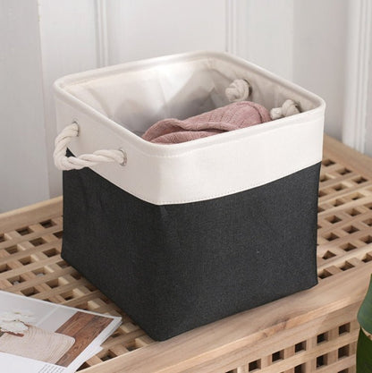 Linen Fabric Storage Bag Large Capacity Square Collapsible Clothes Toy Organizer(White and Black) - wevelnit