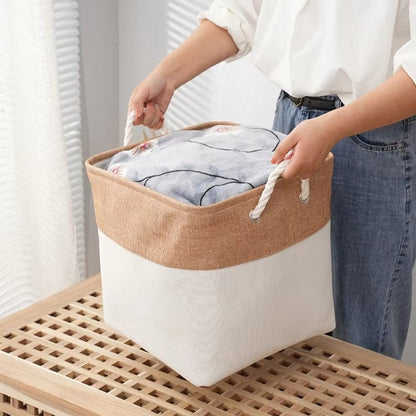 Linen Fabric Storage Bag Large Capacity Square Collapsible Clothes Toy Organizer(Beige and Green) - wevelnit
