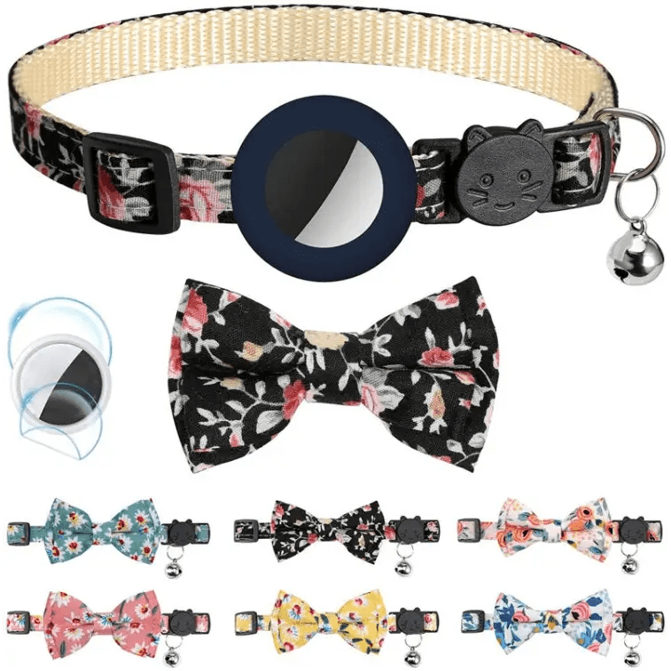 Anti - Lost Printed Bow Pet Collar with Bell for AirTag - wevelnit