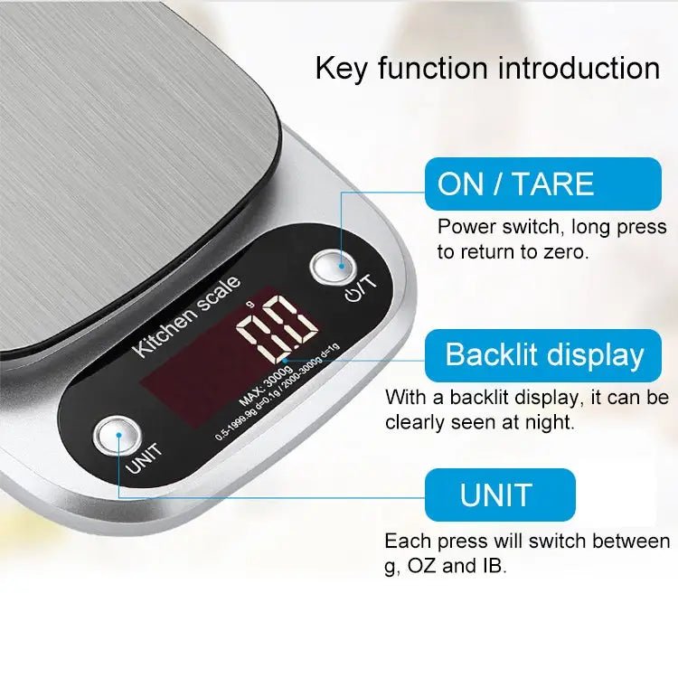 Kitchen Stainless Steel LCD Electronic Scale, Specification: 3kg/0.1g - wevelnit