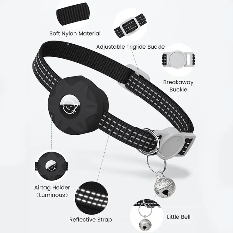 For AirTag Tracker Silicone Case Reflective Pet Cat Collar With Bell - wevelnit