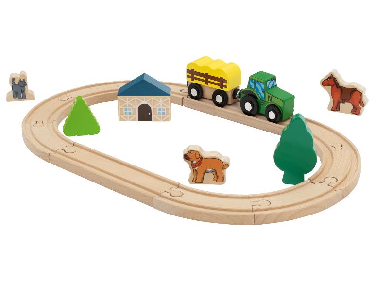 Houten treinset boerderij met rails, tractor, aanhanger, dieren en boerderij