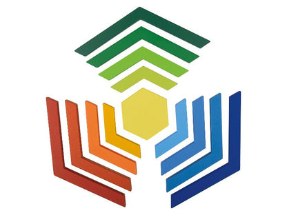 Regenboog-legspel als patroon gelegd rond een gele zeshoek