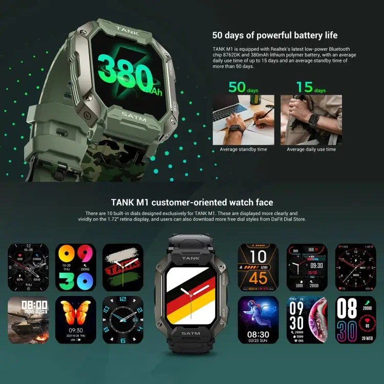 TANK M1 Smartwatch 1,72 inch – 15 dagen accu, robuuste kast